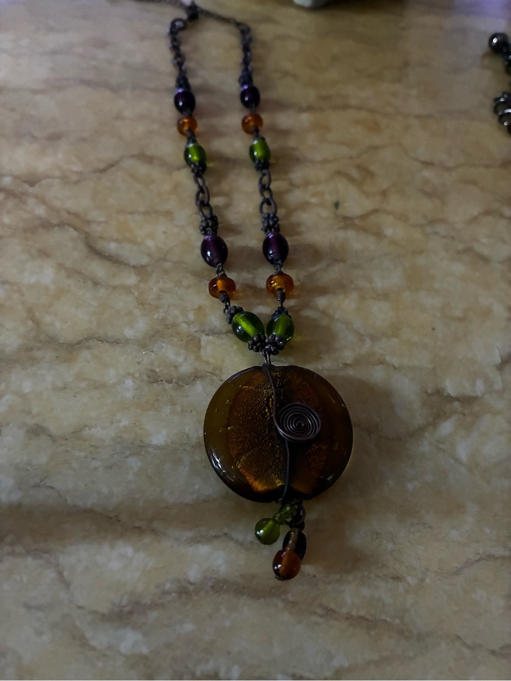 Vintage Brown and Green Glass Pendant Necklace